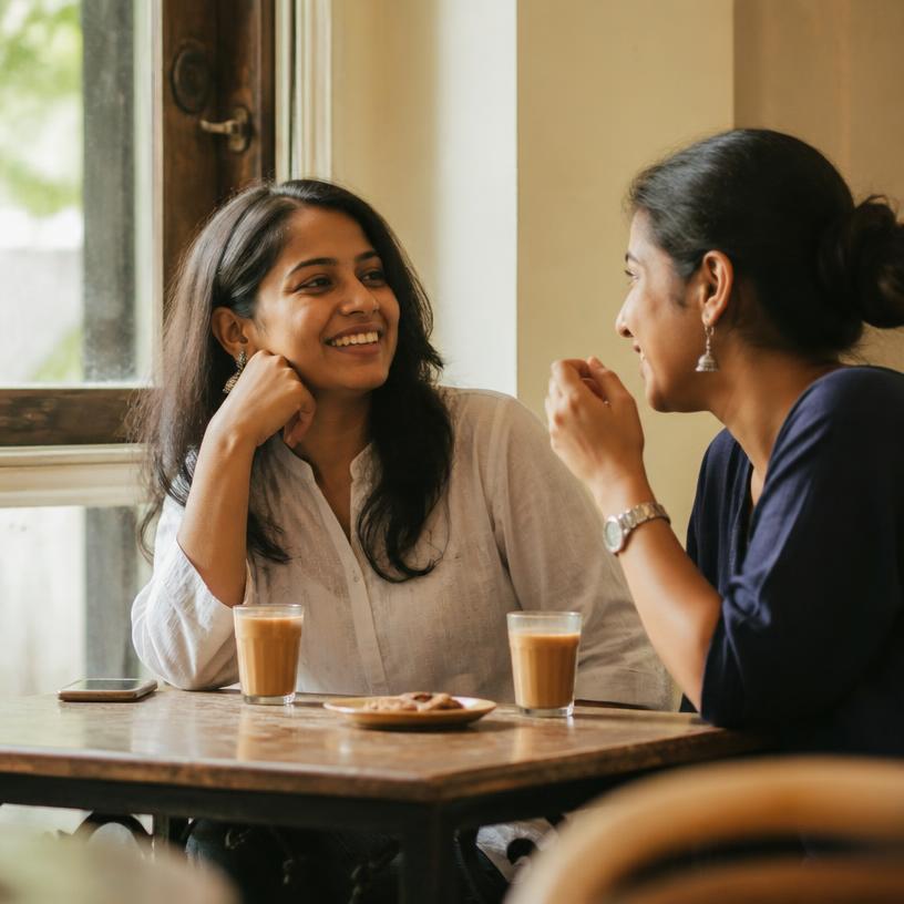 Two students in confident conversation over chai